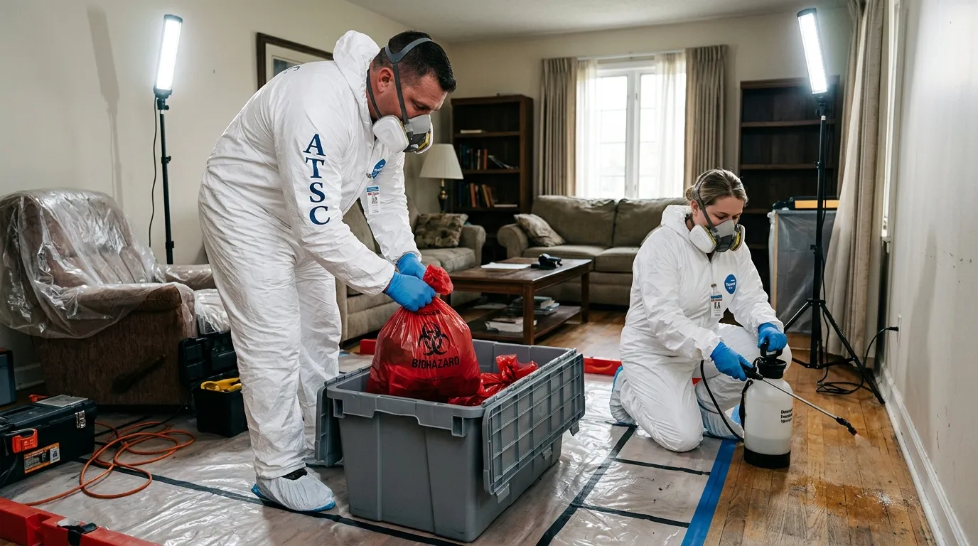 Professional Biohazard Cleanup technician in full PPE working in Waukegan